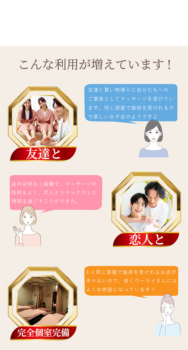 こんなご利用が増えています。ご友人と、恋人と。完全個室です。